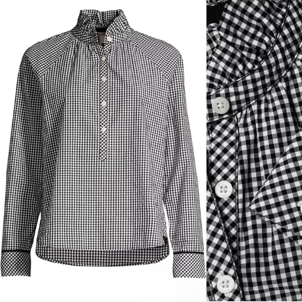 VINEYARD VINES Women's Black & White Gingham Ruffle Collar Top Size 10 NWOT